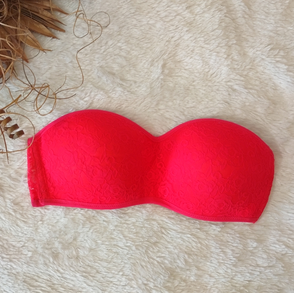 Pink NEW Victoria Secret Pink Strapless Lace Pull Over Bra Lightly Padded